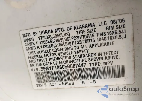 2005 Honda Pilot Ex-L z USA, uszkodzony, nr VIN 5FNYF18605B067447